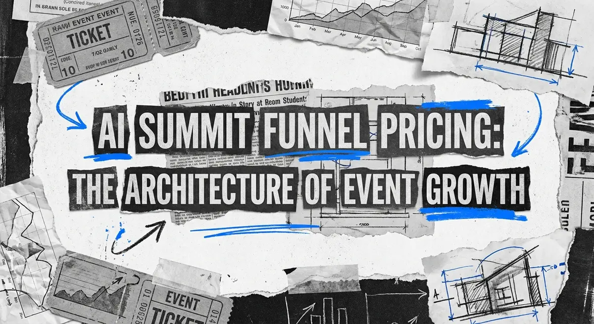AI summit funnel pricing architecture collage with torn paper and electric blue accents