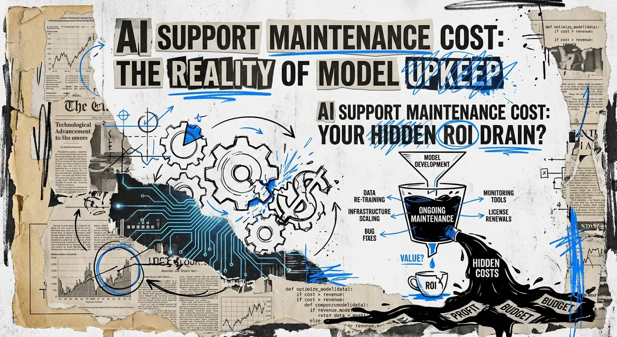 AI support maintenance cost collage with torn paper and blue accents