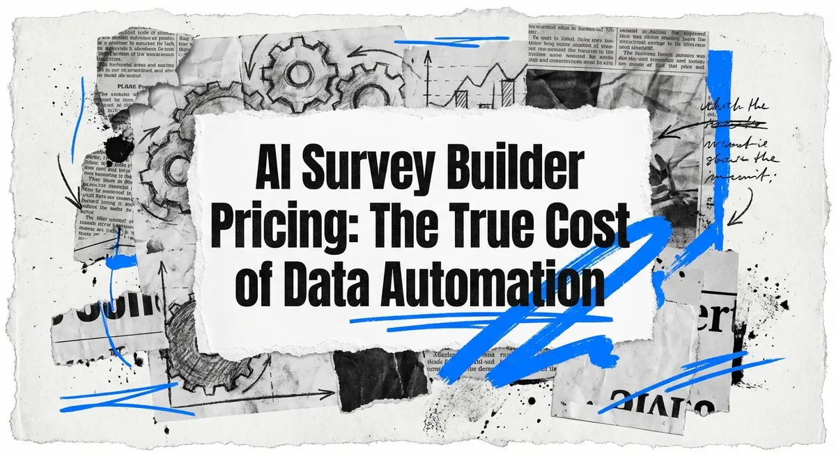 Torn paper collage featuring the text AI Survey Builder Pricing: Understanding the Cost of Better Insights with electric blue accents