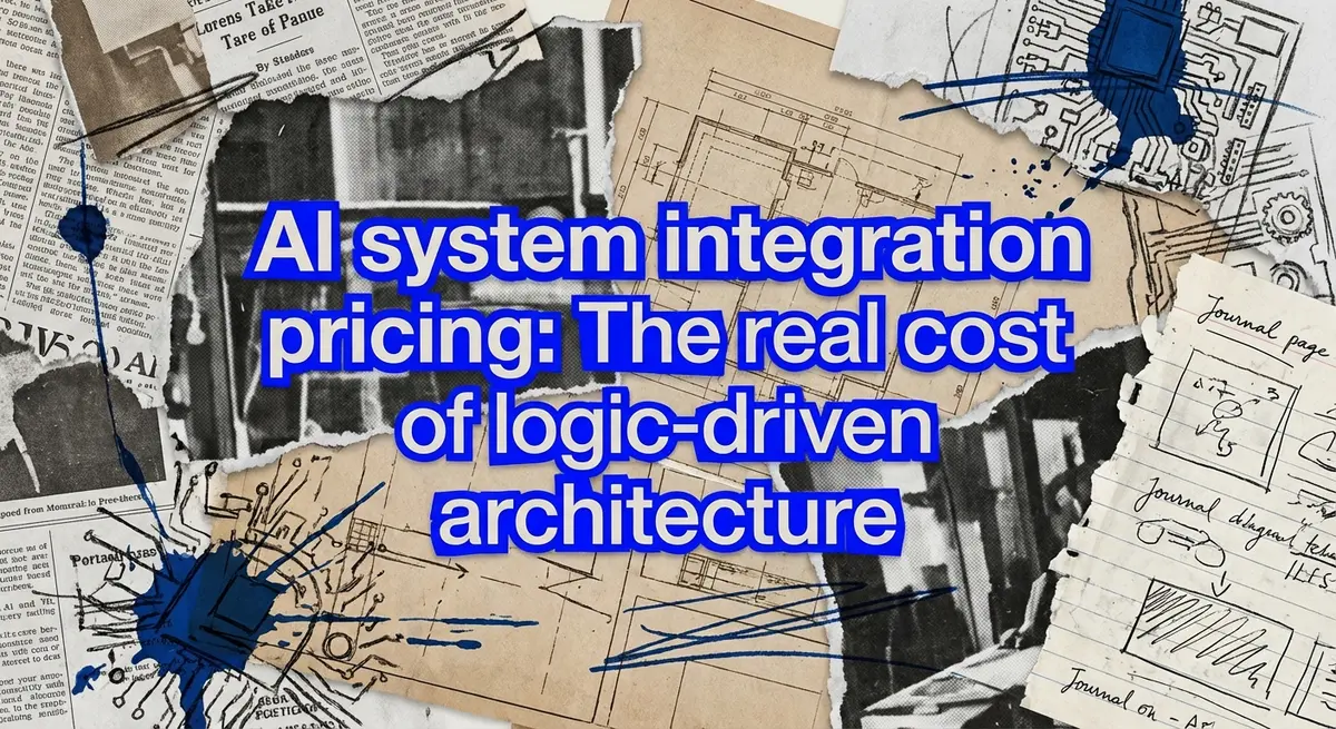 AI system integration pricing collage with torn paper and electric blue accents