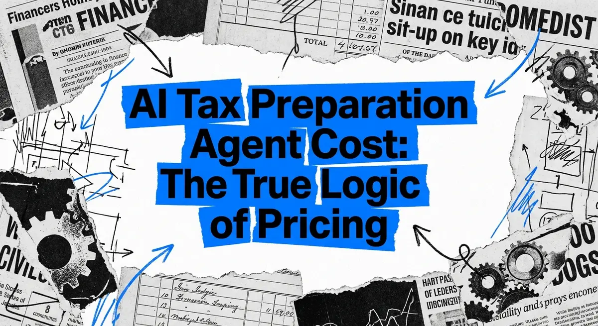 AI tax preparation agent cost concept art torn paper style with electric blue accents