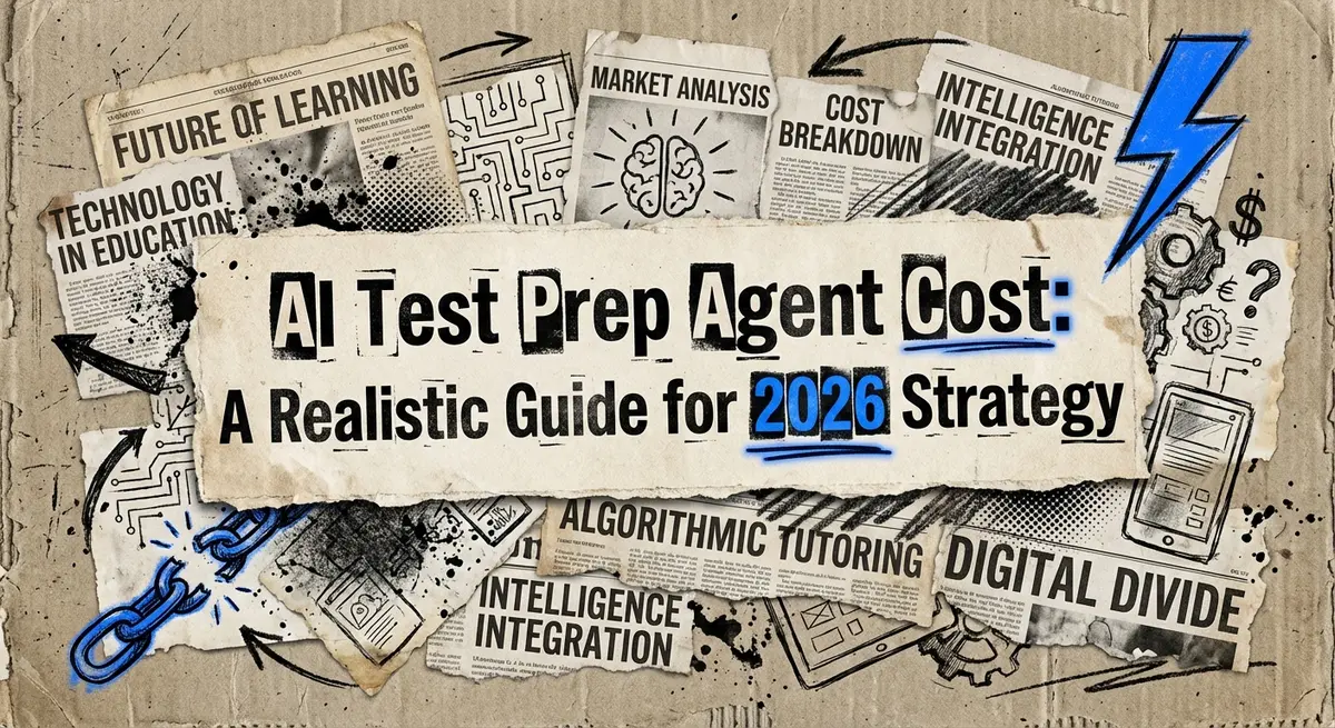 AI test prep agent cost analysis collage with torn paper and electric blue accents