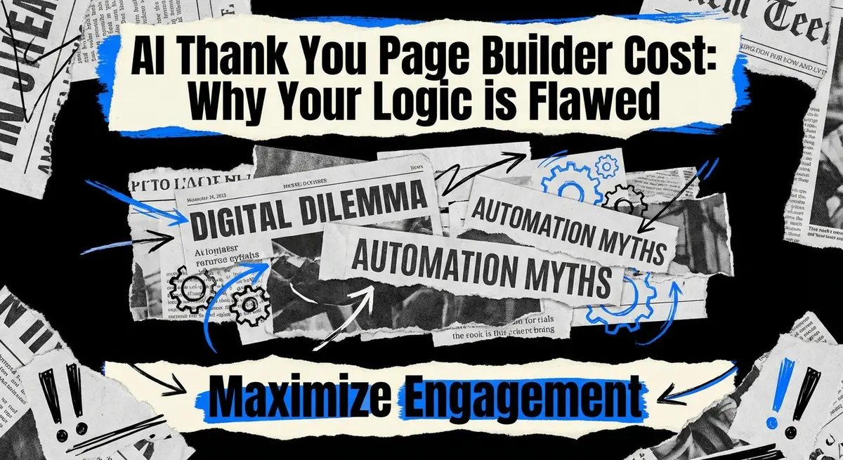 AI thank you page builder cost analysis showing torn paper layers representing hidden pricing tiers