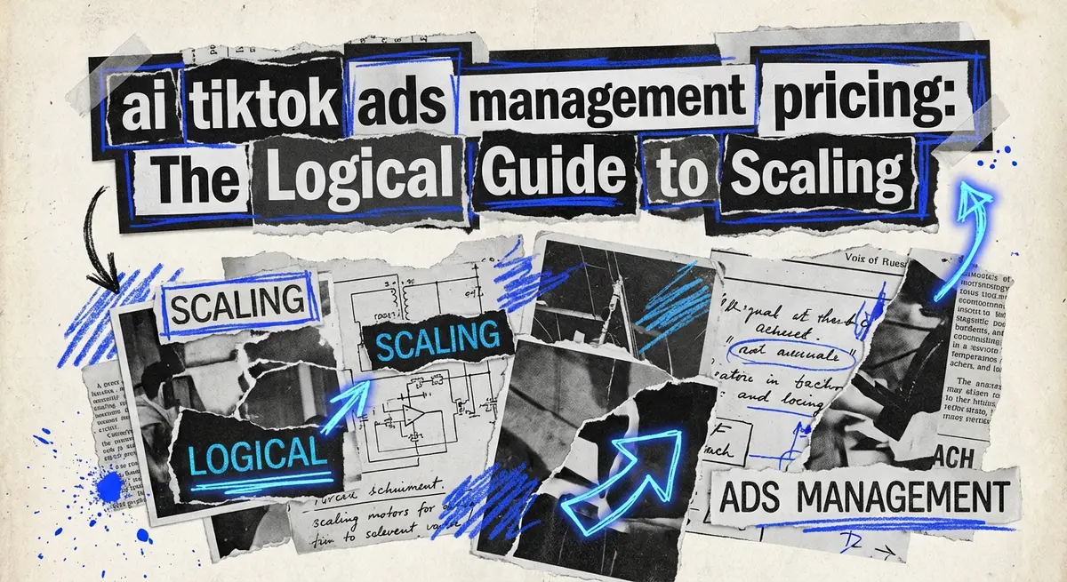 Torn paper collage featuring ai tiktok ads management pricing title with electric blue accents