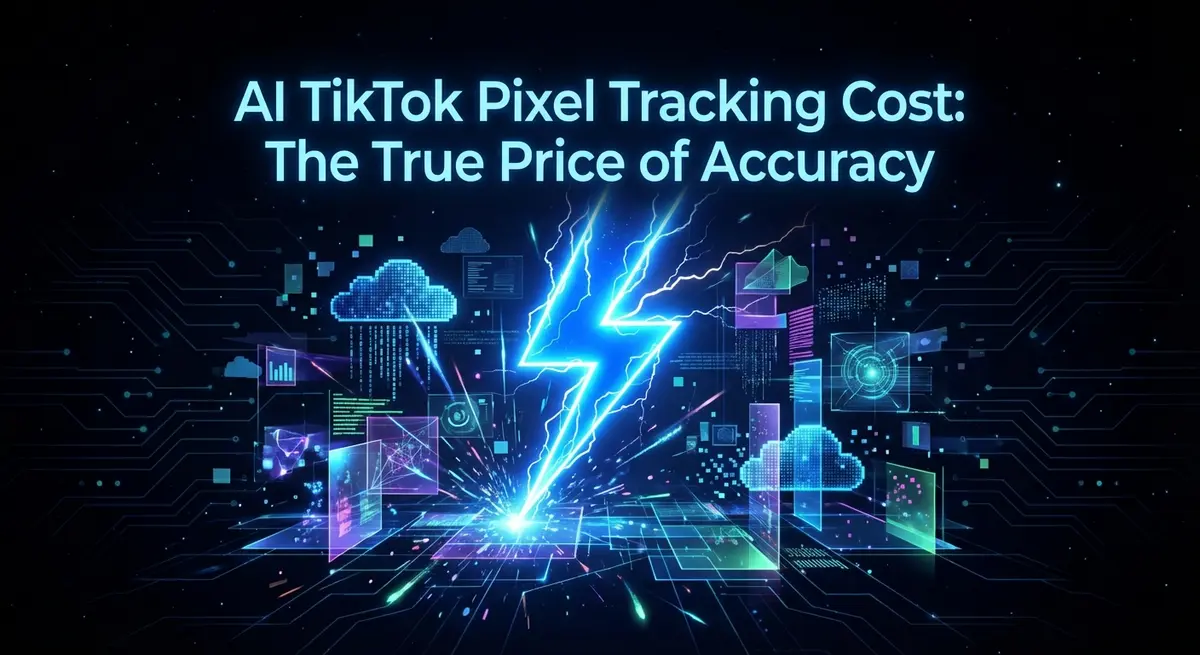 AI TikTok Pixel Tracking Cost visualization with electric blue lightning and digital data streams