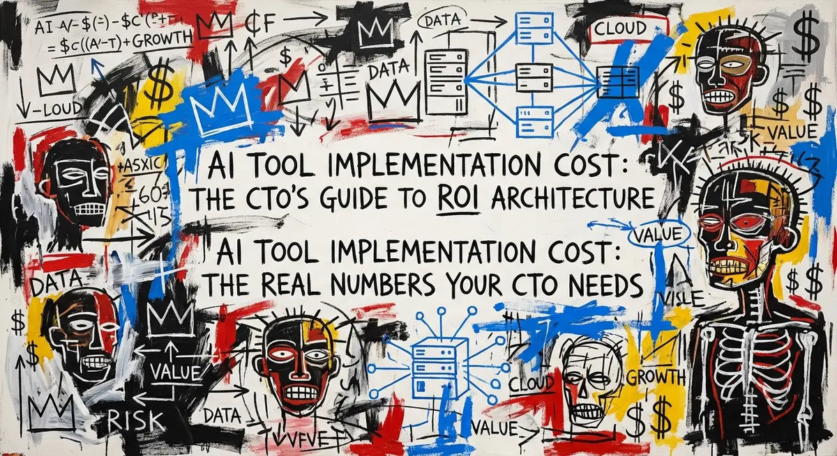 Basquiat style artwork illustrating ai tool implementation cost with electric blue accents