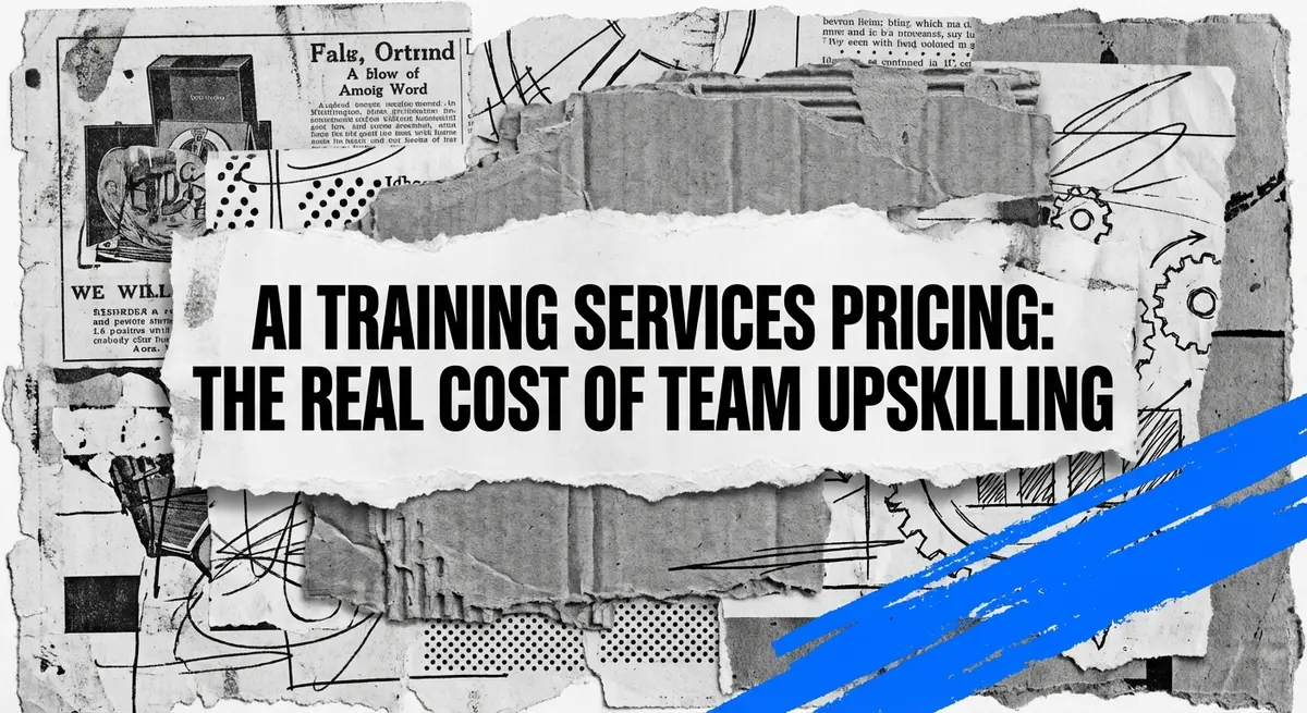 AI training services pricing collage showing the contrast between generic course costs and true business value with blue accents