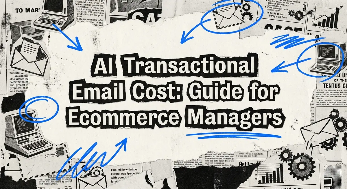 AI transactional email cost guide torn paper collage with electric blue accents