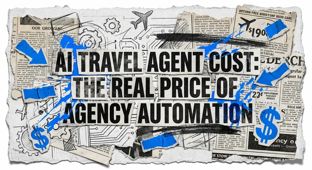 Torn paper collage art illustrating ai travel agent cost analysis with electric blue accents