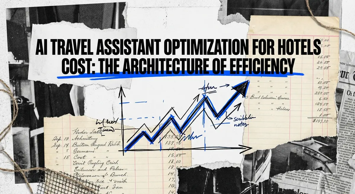 AI travel assistant optimization for hotels cost featured image with torn paper style and electric blue accents