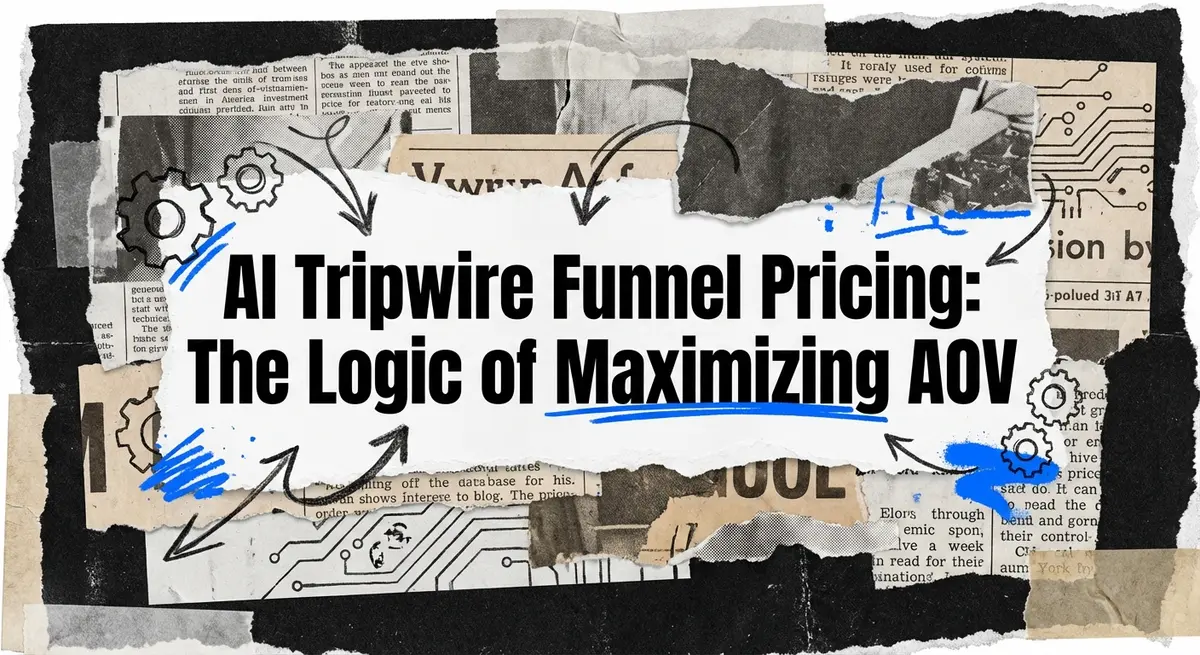 AI Tripwire Funnel Pricing collage with torn paper and electric blue accents
