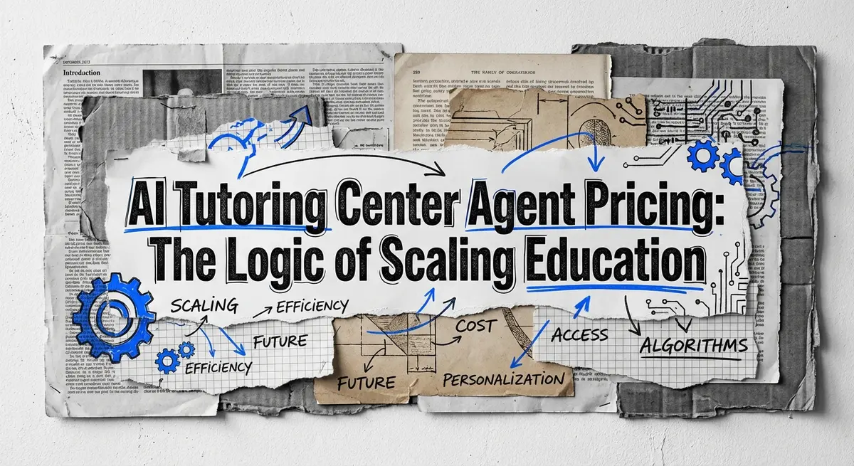 AI Tutoring Center Agent Pricing collage with torn paper and electric blue accents