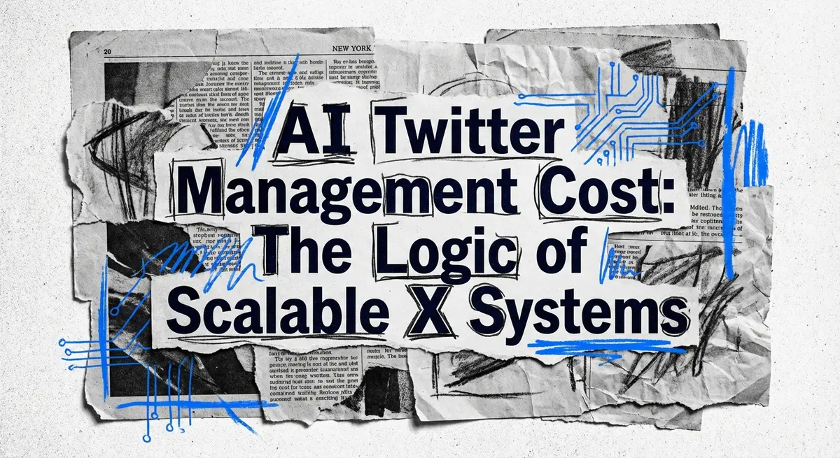 AI Twitter management cost concept art with torn paper and electric blue accents