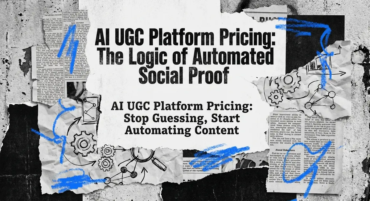 AI UGC Platform Pricing collage with torn paper and electric blue accents