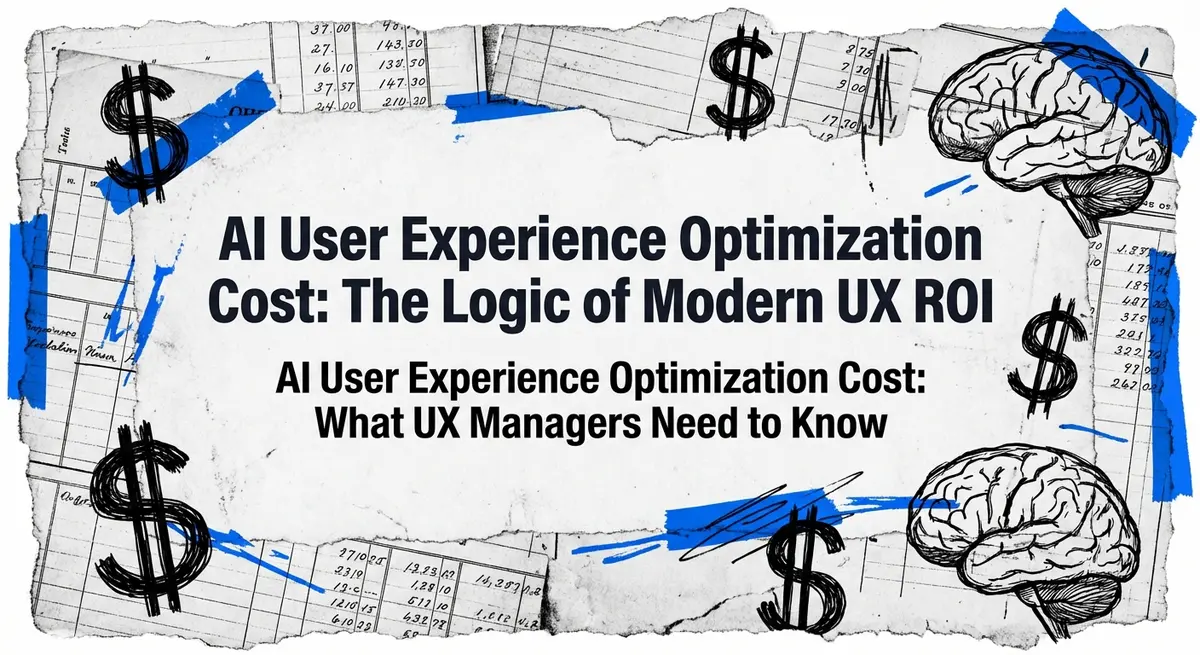 Torn paper collage featuring the title AI User Experience Optimization Cost with vintage financial elements and blue accents