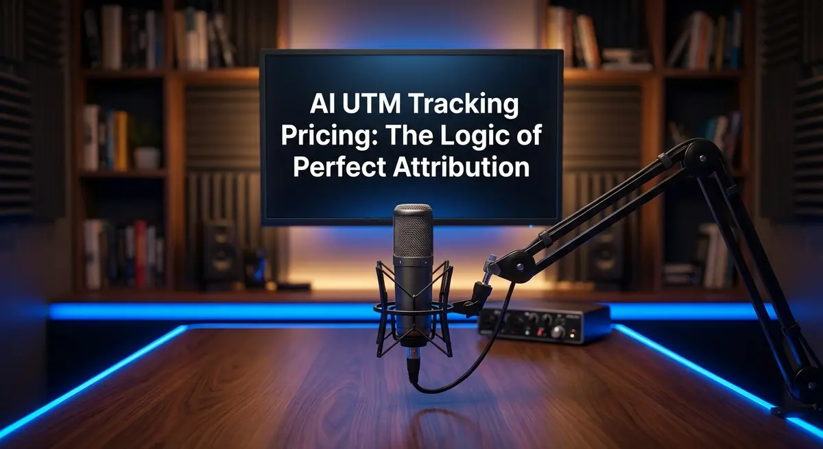 AI UTM tracking pricing discussed in a modern podcast studio setting with blue accents