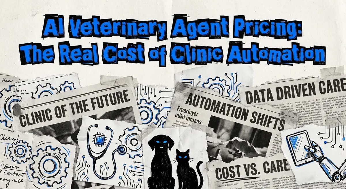 AI Veterinary Agent Pricing collage with torn paper and electric blue accents