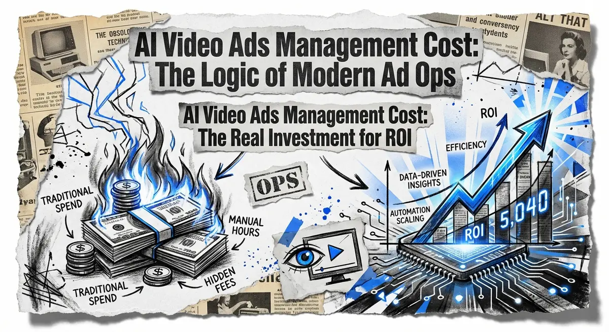 AI video ads management cost comparison collage with torn paper and electric blue accents