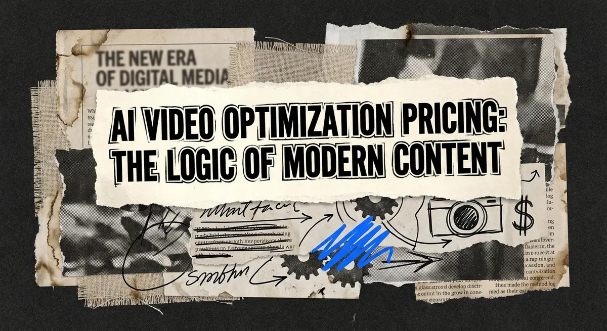 AI Video Optimization Pricing collage with torn paper and electric blue accents
