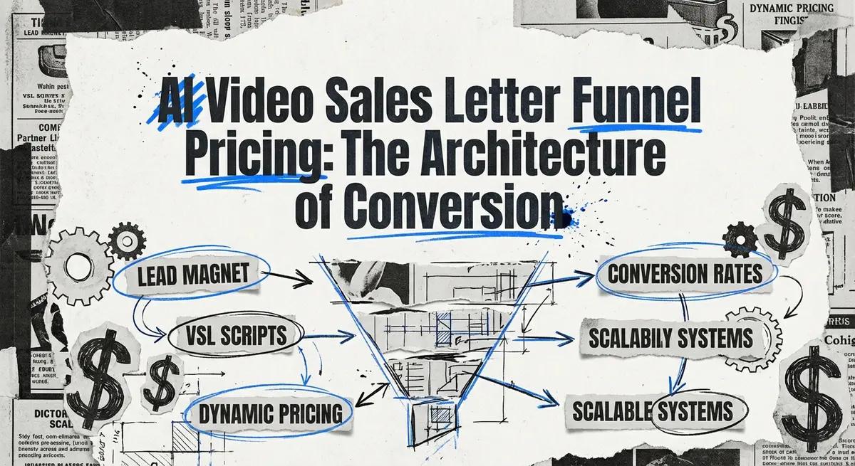 AI Video Sales Letter Funnel Pricing collage with torn paper and electric blue accents