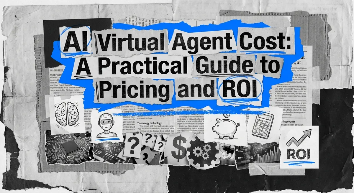 AI Virtual Agent Cost concept art with torn paper style and electric blue accents