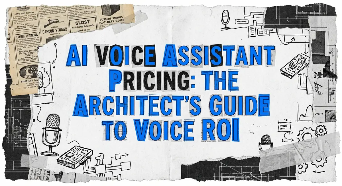 AI voice assistant pricing guide featured image with torn paper style and blue accents