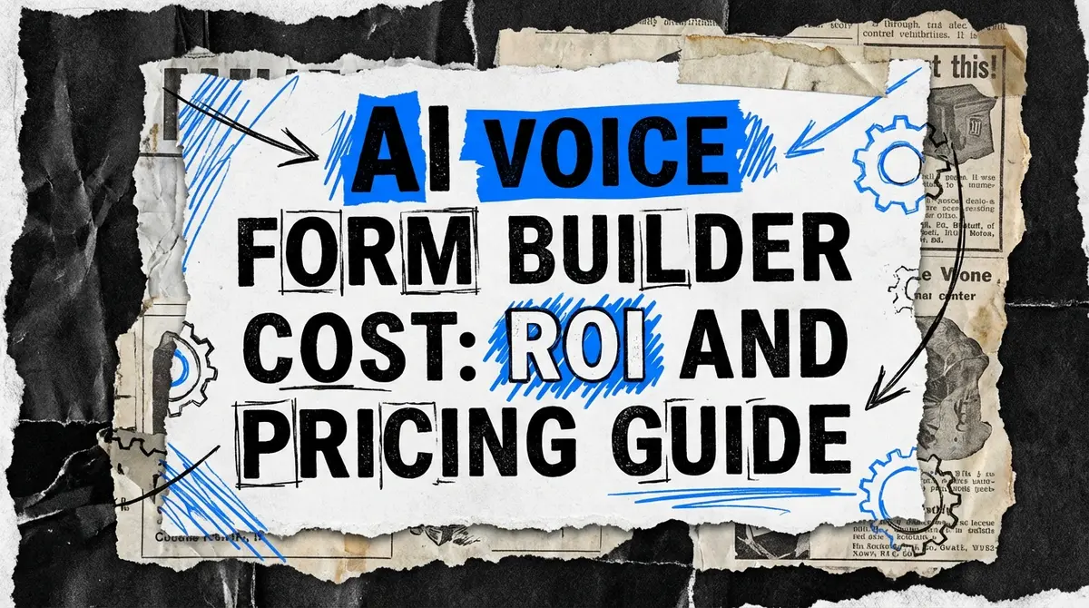 AI voice form builder cost analysis displayed as a torn paper collage with electric blue accents