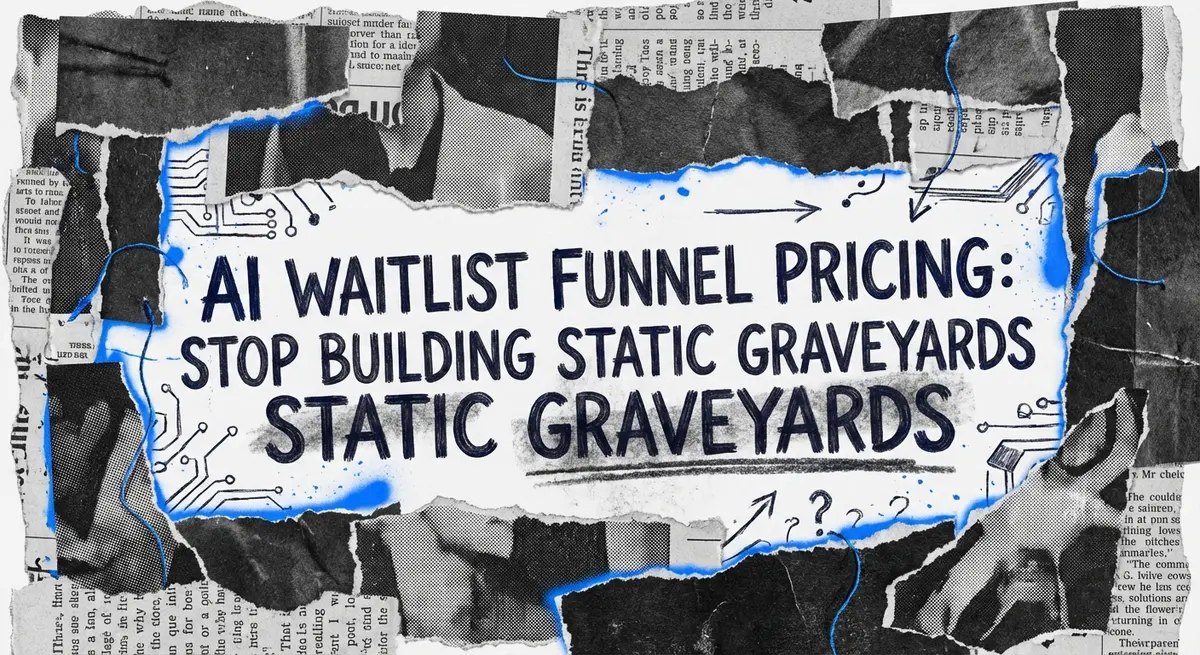 Torn paper collage art featuring AI waitlist funnel pricing concepts with #0066FF accents.