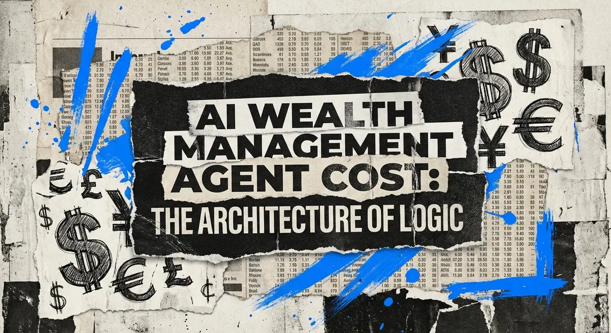 AI wealth management agent cost analysis concept art with torn paper style and electric blue accents