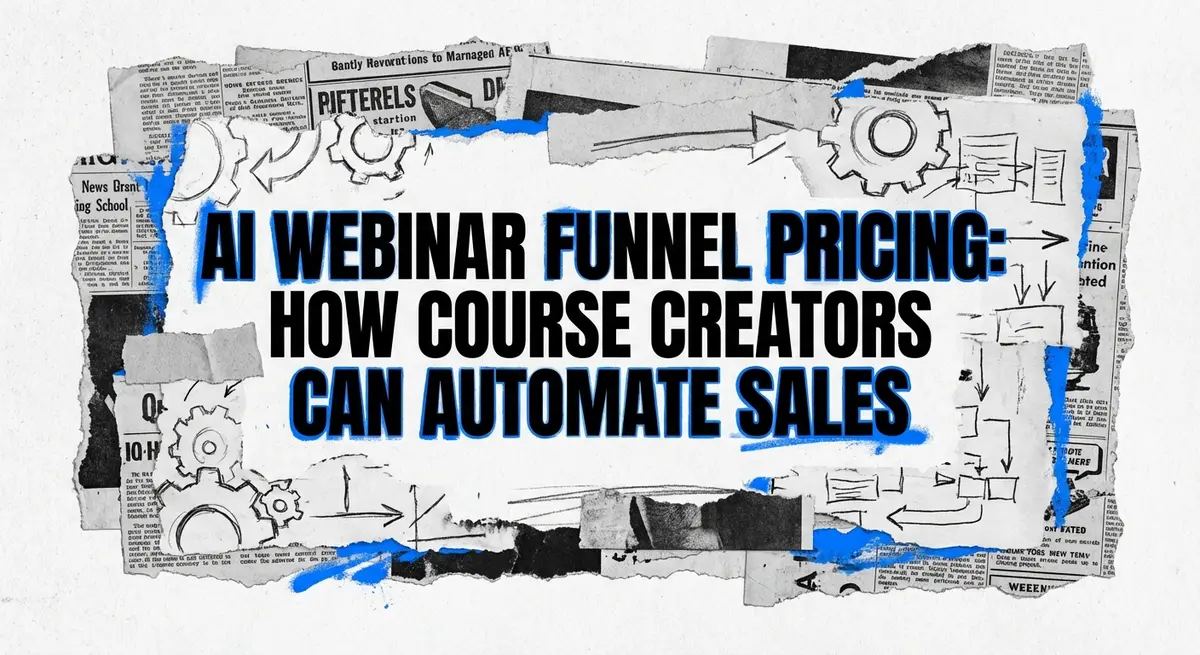 AI webinar funnel pricing collage with torn paper and electric blue accents