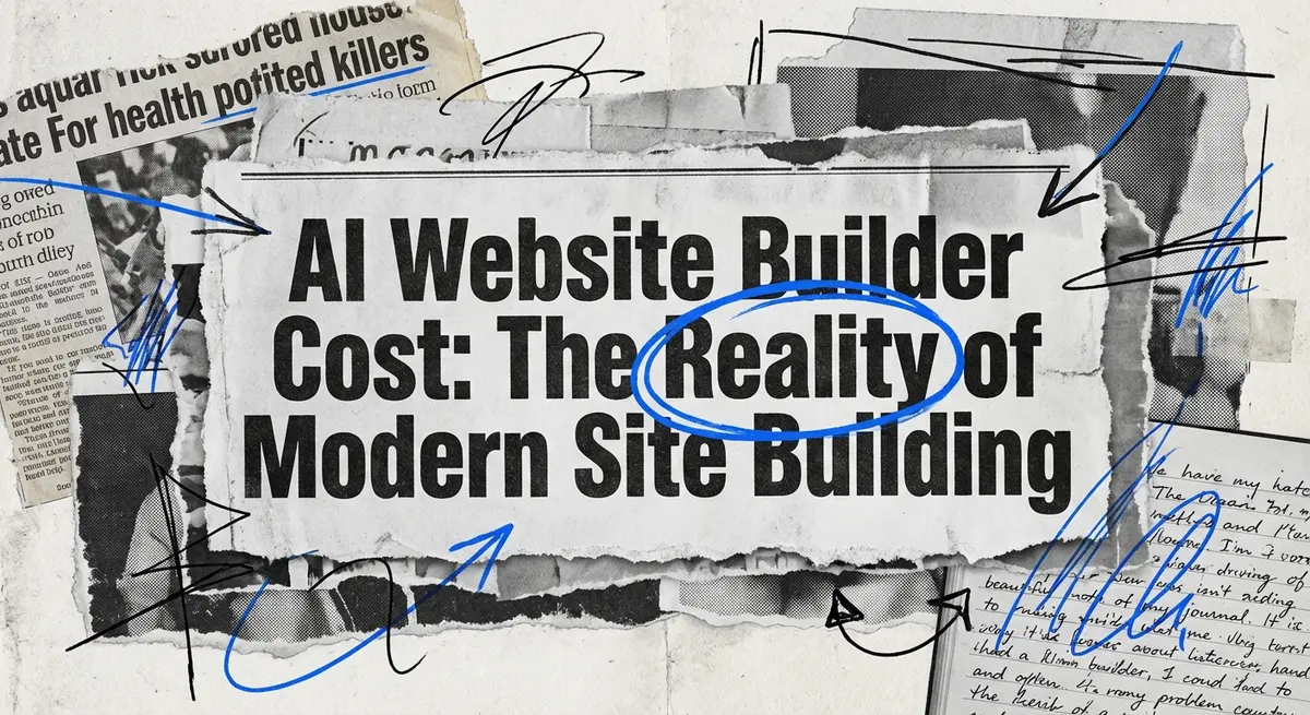 AI website builder cost collage with torn paper effect and blue accents