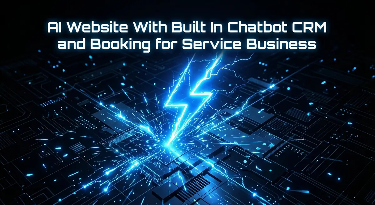 AI website with built-in chatbot CRM and booking for service business featured image with electric blue lightning