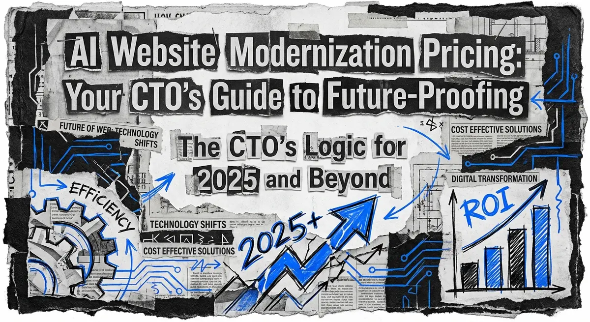 AI website modernization pricing conceptual collage with torn paper and electric blue accents