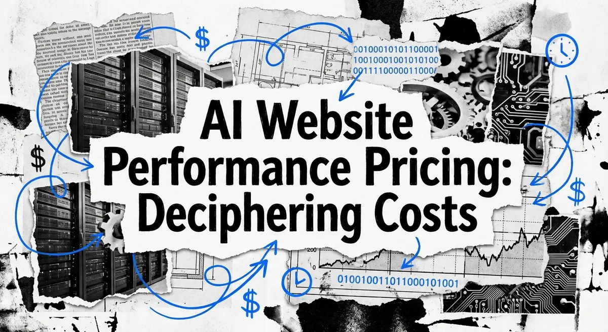 Torn paper collage art featuring the title AI website performance pricing with electric blue accents