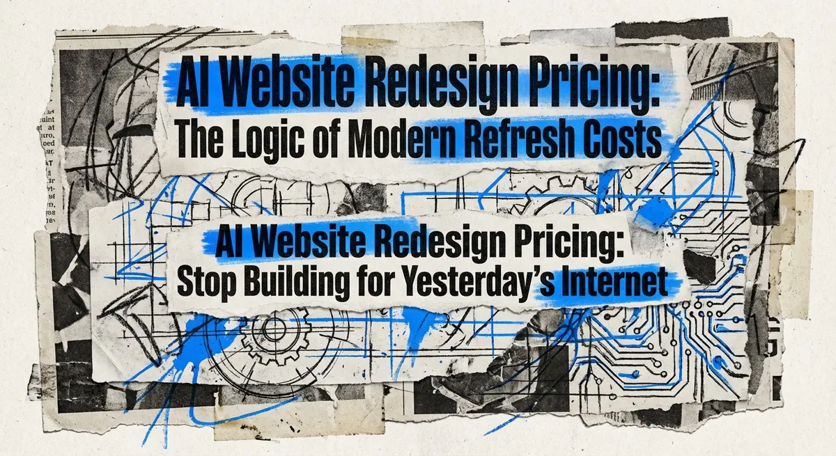 AI website redesign pricing collage art showing old versus new technology