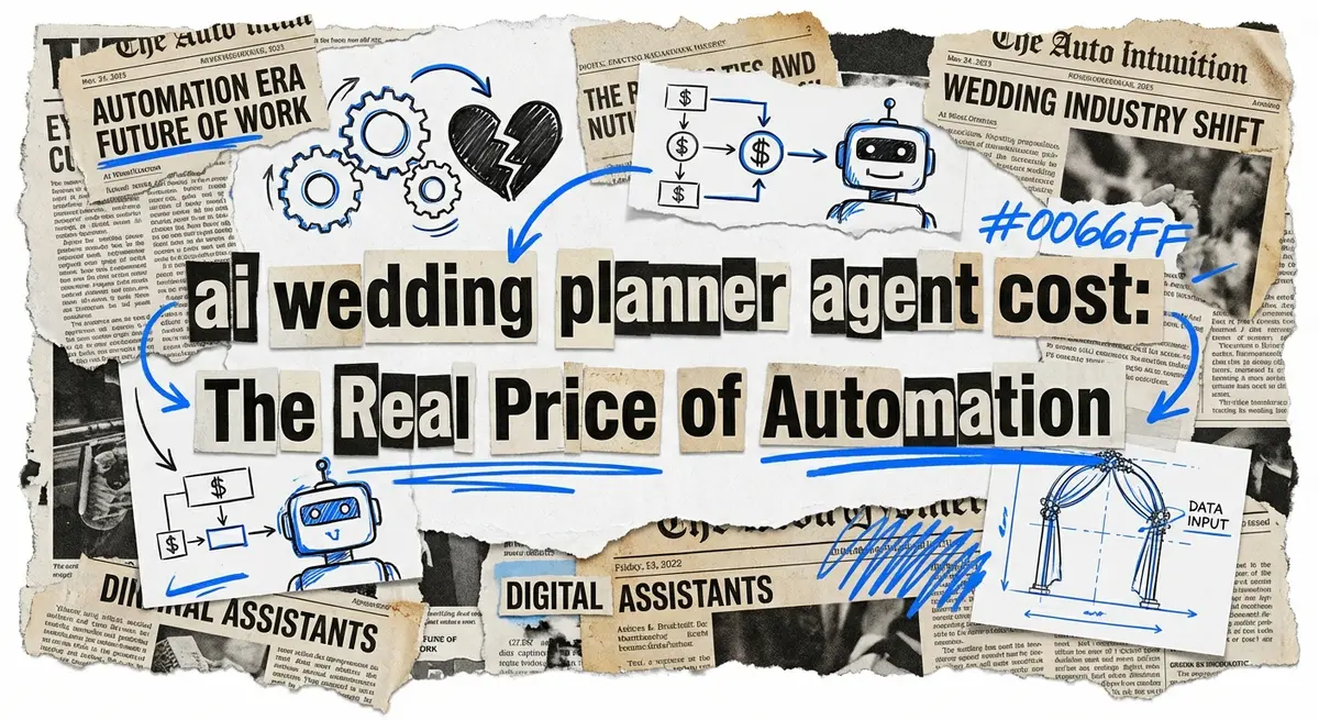 Torn paper collage art featuring ai wedding planner agent cost text with electric blue accents
