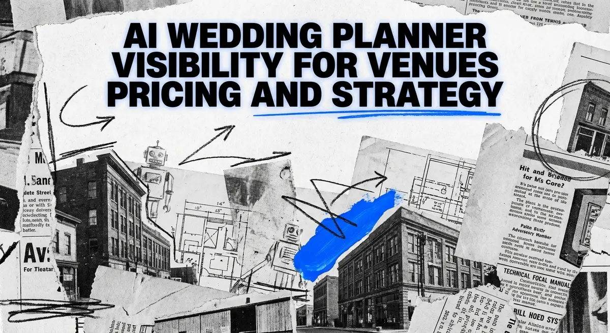 AI wedding planner visibility for venues pricing strategy collage with torn paper and electric blue accents