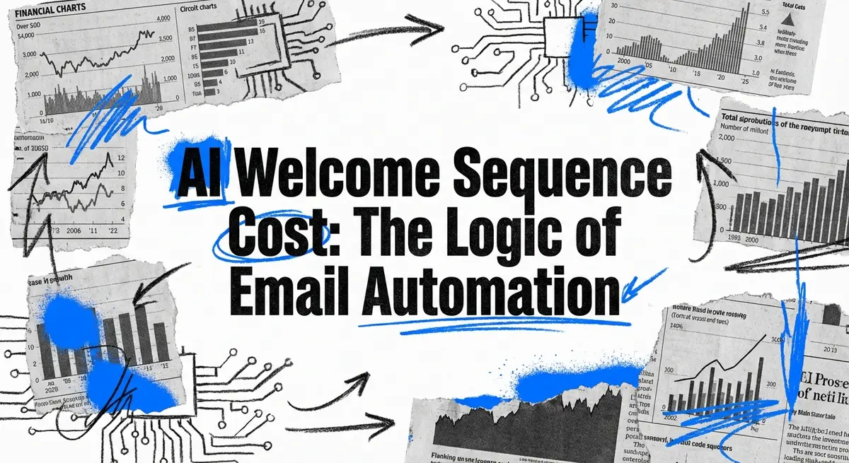 AI Welcome Sequence Cost logic visualized as a torn paper collage with electric blue accents