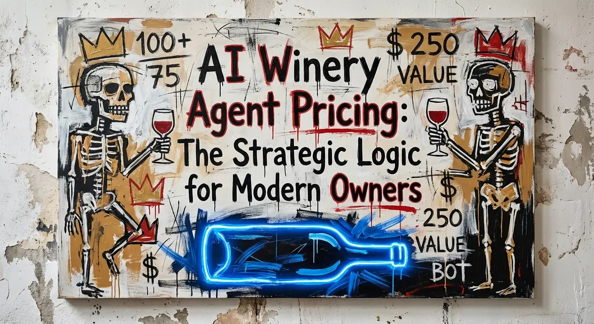 Basquiat style art featuring AI winery agent pricing themes with wine bottles and digital elements