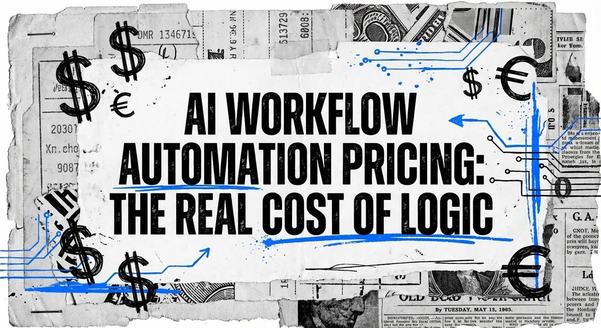 AI workflow automation pricing breakdown visualized as a torn paper collage with electric blue accents