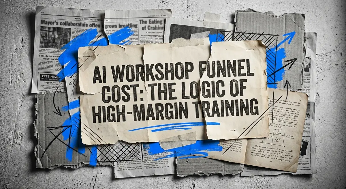Torn paper collage illustration representing ai workshop funnel cost with electric blue accents