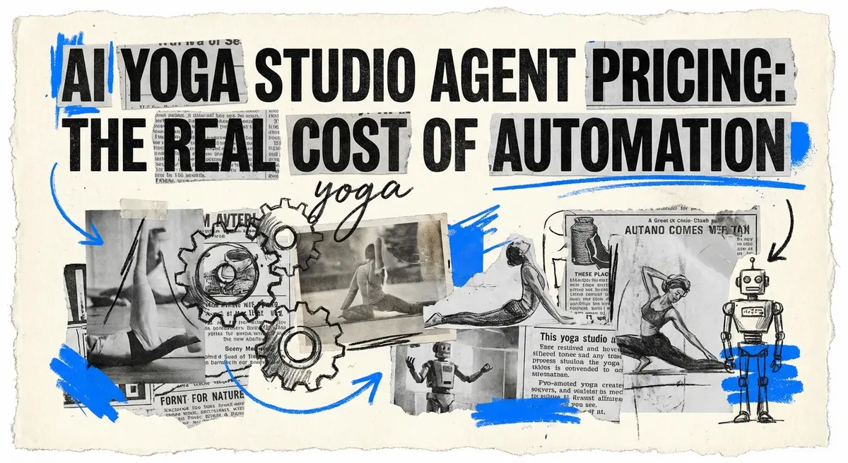AI yoga studio agent pricing collage with torn paper and electric blue accents