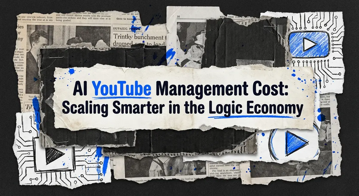 AI YouTube Management Cost torn paper collage with electric blue accents