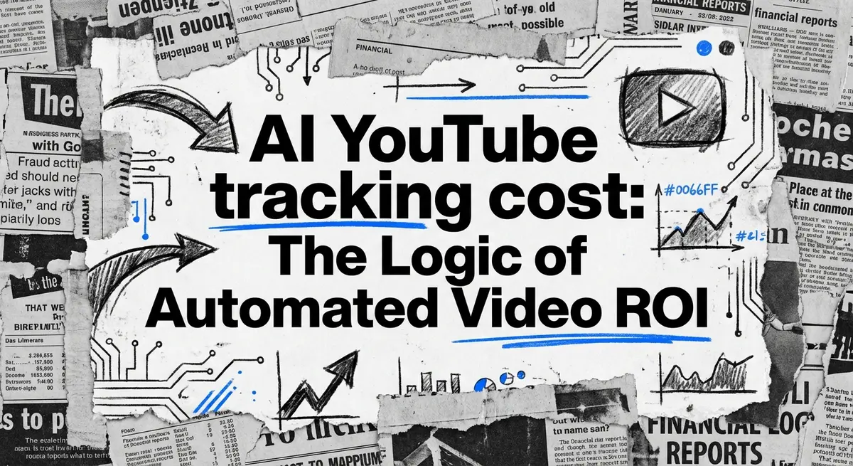 AI YouTube tracking cost visualization using torn paper collage style with electric blue accents