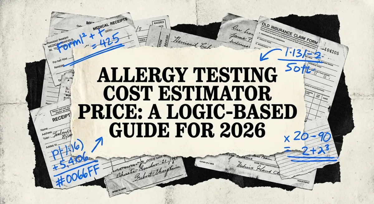 Torn paper collage featuring the title Allergy Testing Cost Estimator Price with medical billing elements and #0066FF accents