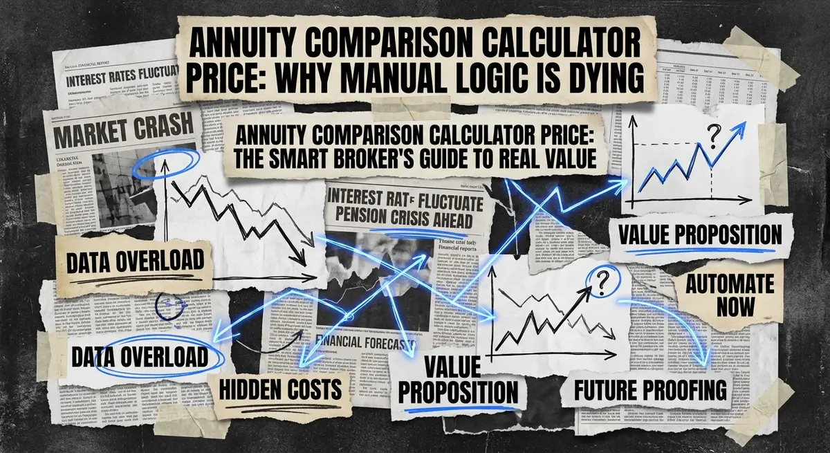 Annuity comparison calculator price concept art with torn paper and electric blue accents