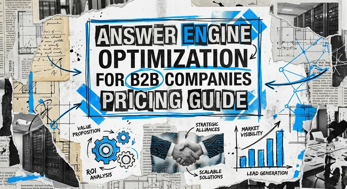 Answer engine optimization for b2b companies pricing guide visualized as a torn paper collage with electric blue accents