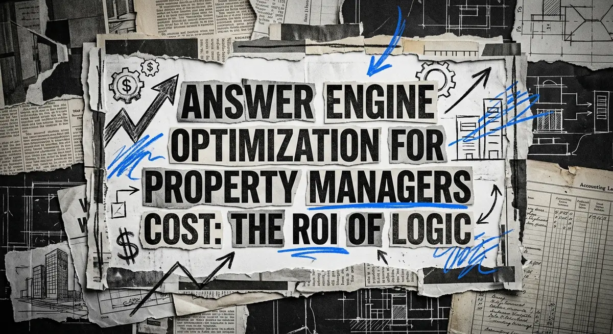 Answer engine optimization for property managers cost collage with torn paper and blue accents