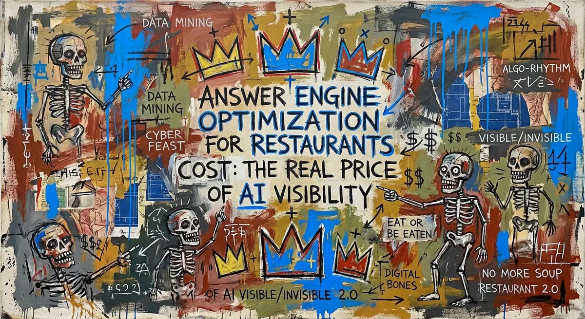 Basquiat style art featuring answer engine optimization for restaurants cost concepts