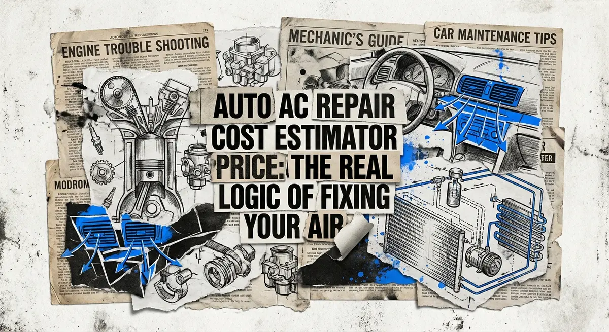 Auto AC Repair Cost Estimator Price collage with car parts and electric blue accents